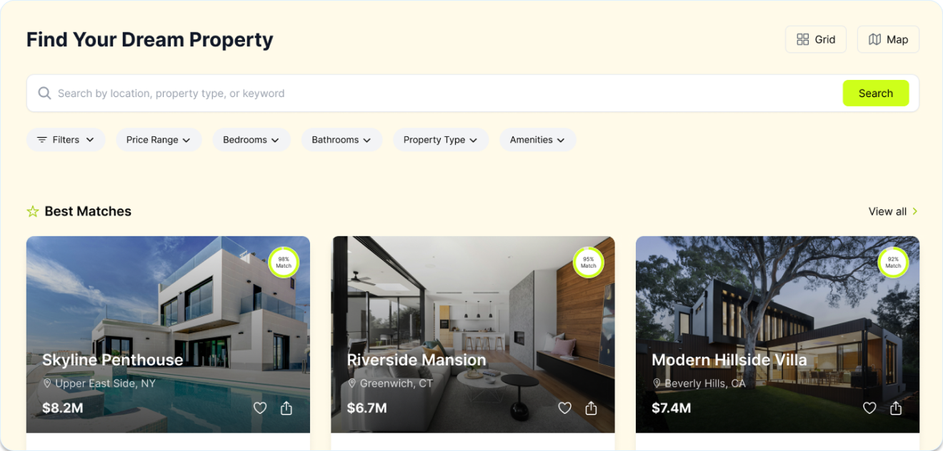 User exploring luxury properties through 360° AR virtual home tours on Havenly platform.