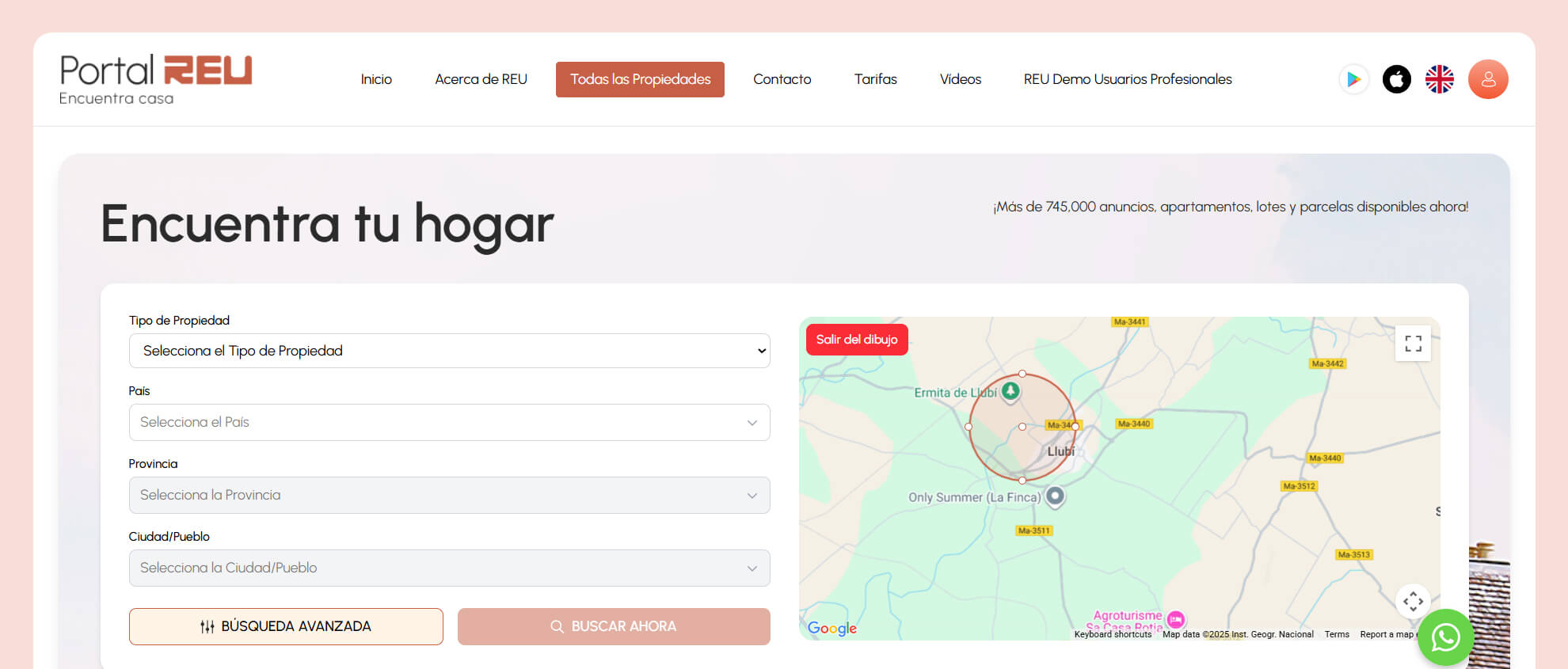 Multilingual real estate platform interface with English and Spanish property listings in Portal REU.