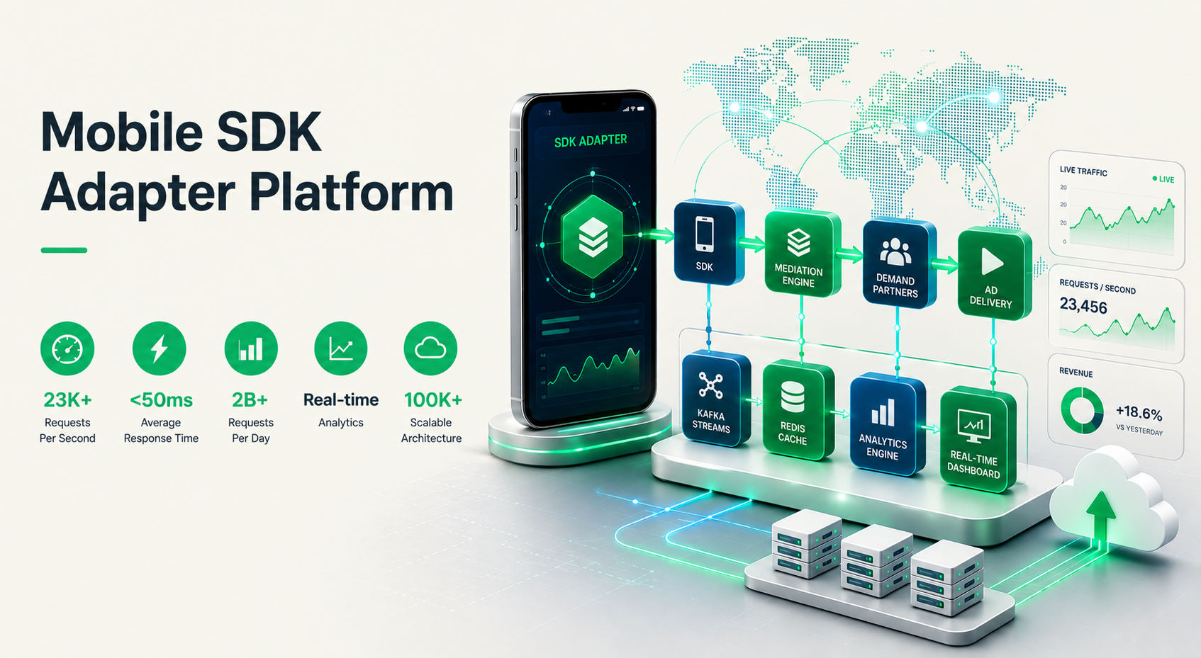 High-scale Mobile SDK Adapter Platform infrastructure dashboard showcasing 23K+ RPS processing, 2 billion+ daily requests, real-time analytics, ad mediation workflow, SDK integrations, and ultra-low latency AdTech architecture.